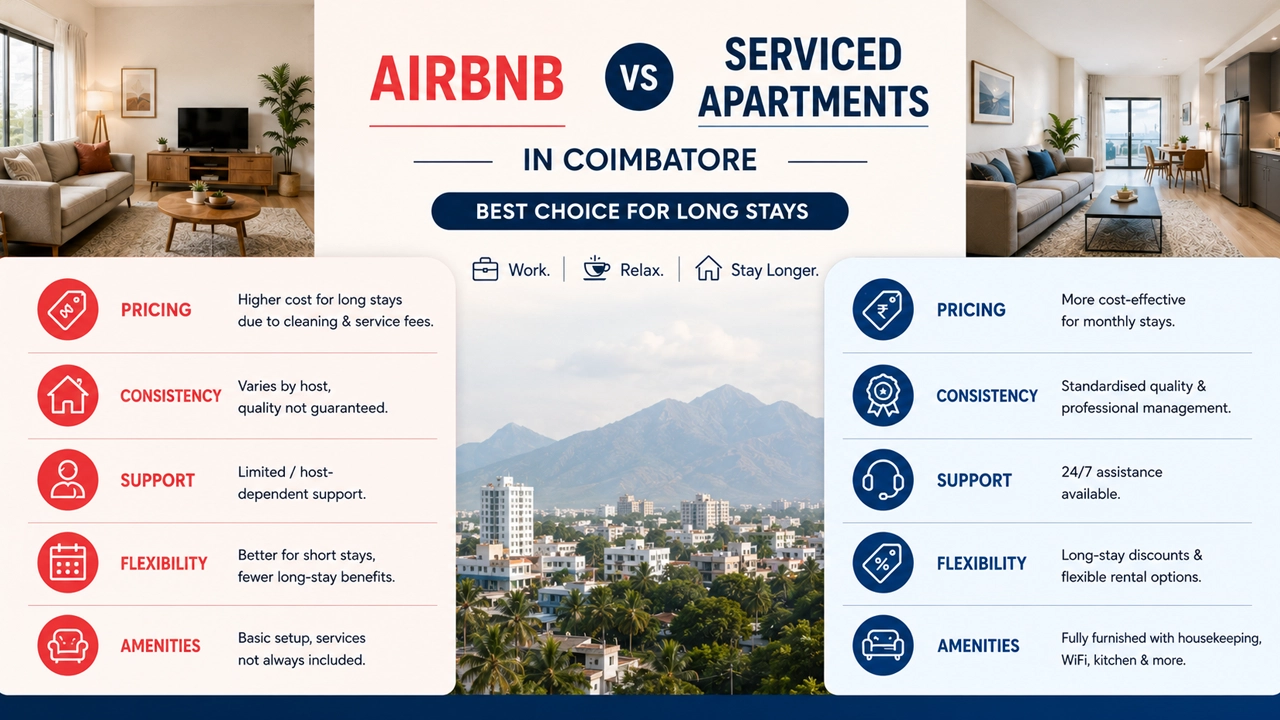 nfographic comparing Airbnb and serviced apartments for long stays in Coimbatore.